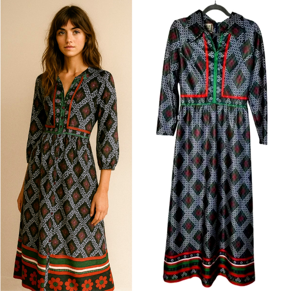 Emilio Borghese 6 Vintage 60s 70s Long Sleeve Maxi Dress Hippie Festival Boho